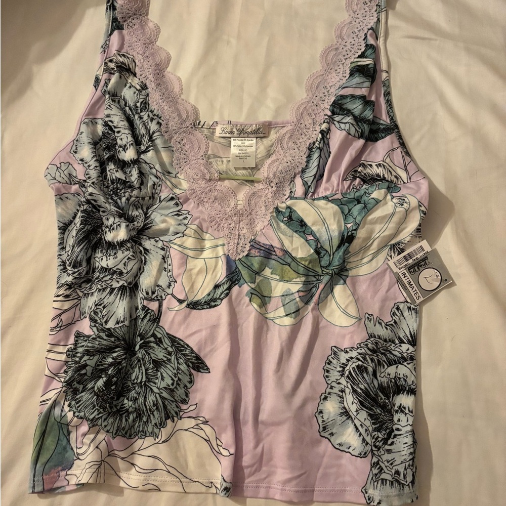 Linea Donatella Lavender Floral Lace-Trim Cami Pajama Top - Picture 3 of 12